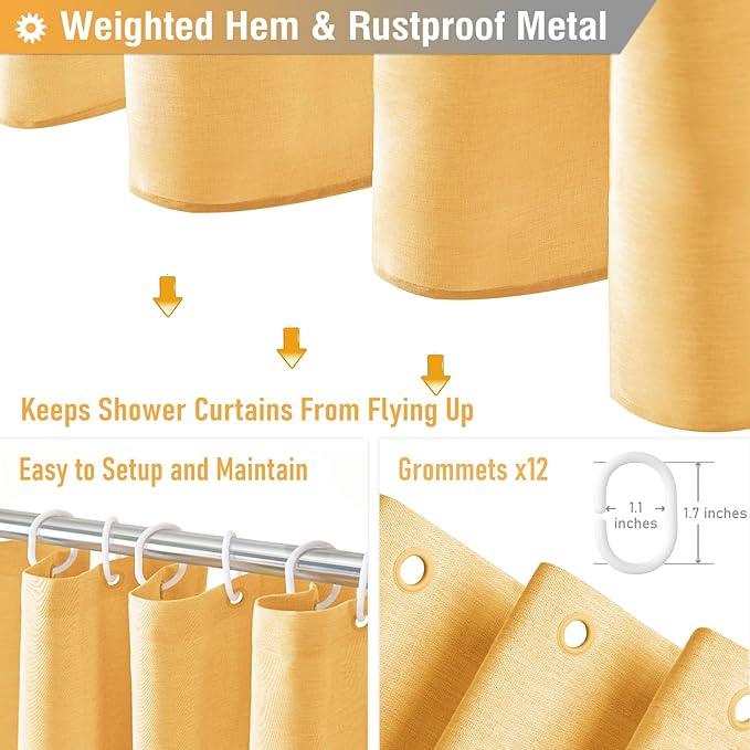 BTTN Extra Long Shower Curtain - 84 Inch Long Linen Textured Heavy Duty Fabric Shower Curtain Set with 12 Plastic Hooks, Hotel Spa Simple Polyester Bath Curtains for Bathroom, 72x 84, Gold - ModernBath