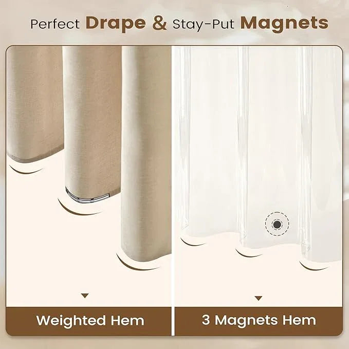 BTTN Stall 3 in 1 Shower Curtain Set, Small Linen Textured Fabric Shower Curtain and Clear Liner Set with 6 Hook, Half Modern Hotel Luxury Waterproof Shower Curtain for Bathroom, Cream/Beige, 36x72 - ModernBath