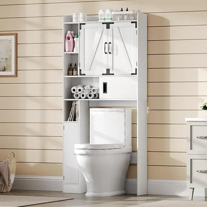ChooChoo Over The Toilet Storage Cabinet, Farmhouse Bathroom Shelf Over Toilet with Adjustable Shelves, Above Toilet Storage Cabinet with Sliding Door for Bathroom, Laundry Room, Antique White - ModernBath