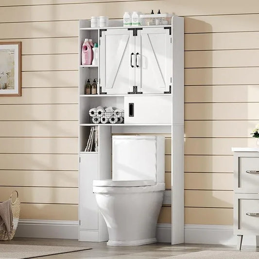 ChooChoo Over The Toilet Storage Cabinet, Farmhouse Bathroom Shelf Over Toilet with Adjustable Shelves, Above Toilet Storage Cabinet with Sliding Door for Bathroom, Laundry Room, Antique White - ModernBath
