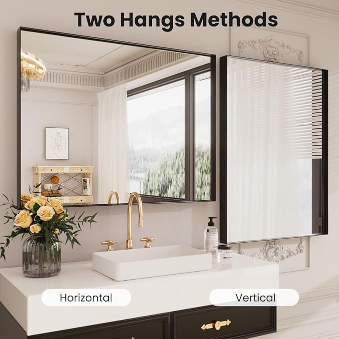 LOAAO Black Bathroom Mirror 28"X36" for Wall, Rectangle Bathroom Vanity Mirror, Hangs Vertically or Horizontally, Easy to Install, Modern Design - ModernBath