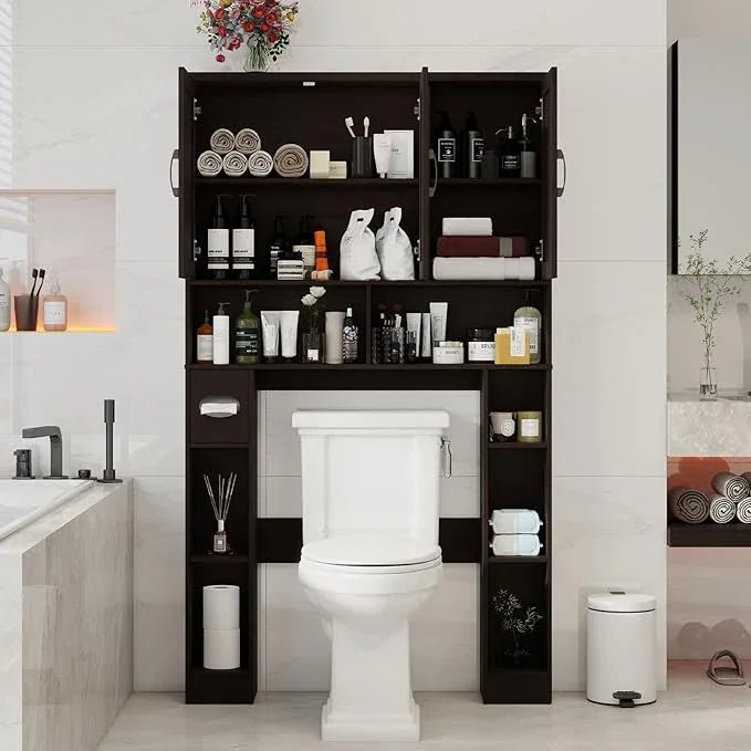Over The Toilet Storage Cabinet, Farmhouse Toilet Cabinet Rack with 3 Barn Doors, Space Saving Bathroom Organizer with Shelves, Toilet Paper Holder and Towel Rack for Bathroom,Restroom.(Walnut). - ModernBath