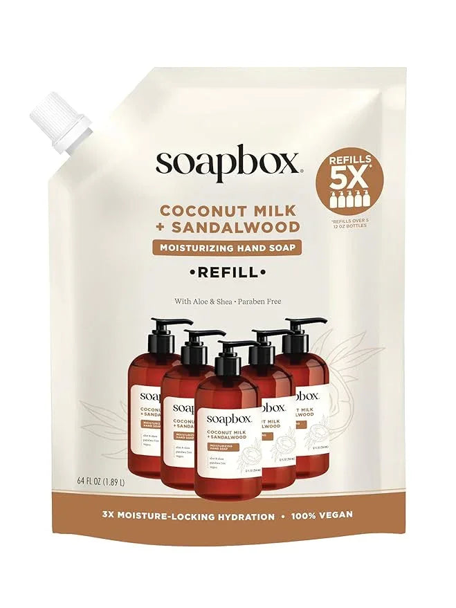 Soapbox Liquid Hand Soap Refill, Coconut Milk & Sandalwood, Vegan, Paraben Free, Moisturizing, Natural Hand Wash for Kitchen and Bathroom, 64oz Half Gallon Refill (Pack of 1) - ModernBath