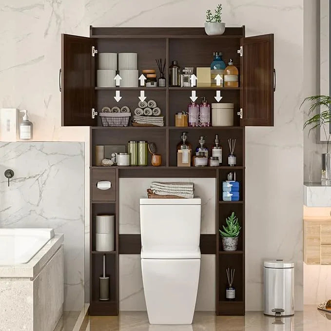 Over The Toilet Storage Cabinet, Farmhouse Toilet Cabinet Rack with Barn Doors, Space Saving Bathroom Organizer with Shelves, Toilet Paper Holder and Towel Rack for Bathroom,Restroom,Laundry,Espresso - ModernBath