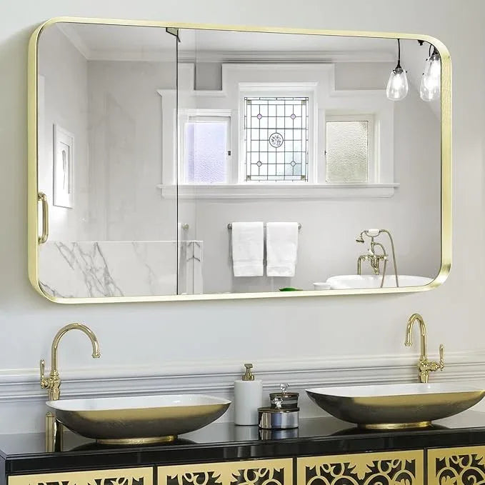 Minuover Wall Mount Mirror for Bathroom, Brushed Gold Metal Framed Rounded Corner Rectangular Vanity Mirror, Tempered Glass, Anti-Rust, Hangs Horizontally or Vertically (30" x 40", Gold) - ModernBath