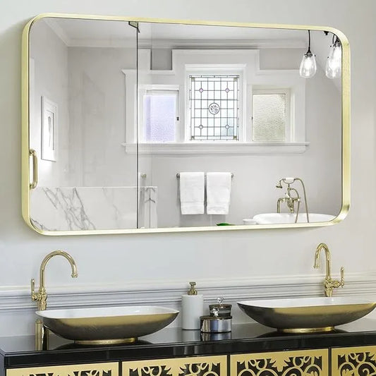Minuover Wall Mount Mirror for Bathroom, Brushed Gold Metal Framed Rounded Corner Rectangular Vanity Mirror, Tempered Glass, Anti-Rust, Hangs Horizontally or Vertically (30" x 40", Gold) - ModernBath