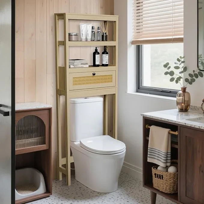 Over The Toilet Storage Cabinet, Behind Toilet Bathroom Organizer with Adjustable Shelves, Above Toilet Organizers with Rattan Door, Space Saver for Restroom, Bathroom, Laundry - ModernBath