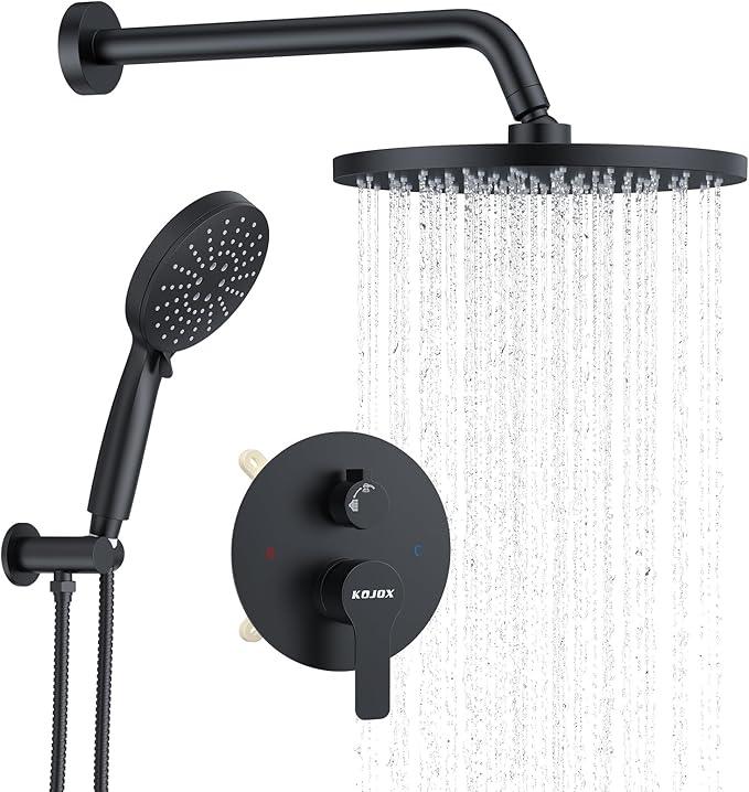 KOJOX Shower System- High Pressure Shower Head- 3 Setting Headheld Shower Head Fixtures- Shower Valve Included (Matte Black) - ModernBath
