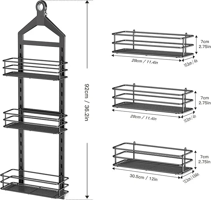 Orimade Adjustable Anti-slip Shower Caddy over Head, Rustproof Bathroom Hanging Organizer with 2 Hooks for Razor, No Drilling Shower Shelves Storage Rack 3 Tier, Black - ModernBath
