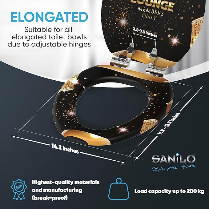 SANILO Wooden Toilet Seat with Soft Close [ELONGATED] - Decorative, Quiet & Slow Close Molded Wood Seat - With Strong Bumpers & Hinges - Adjustable Fit - VIP-Lounge - ModernBath