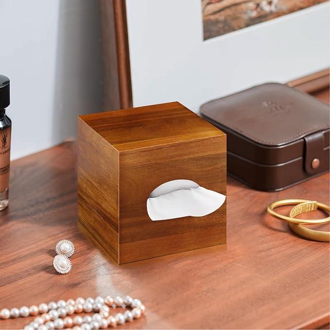 BIBELUN Square Tissue Box Cover,Acacia Wood Tissue Box Holder for Desktop Nightstand Bathroom Office,Decorative Facial Tissue Cube Box Cover/Organizer for Modern Home Decor - ModernBath