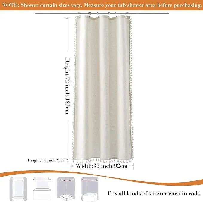Nanspring Stall Natural Boho Linen Shower Curtain 36 Inch Rustic Cottagecore Narrow Fabric Shower Curtain Set with Hooks for Bathroom Modern Farmhouse Camper RV Tassel Bath Curtain 36x72, Cream - ModernBath