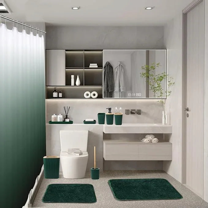 XLHOMO Dark Green Bathroom Accessories Set with Ombre Shower Curtain and Bathroom Rugs,Bathroom Sets with Trash Can,Toothbrush Holder and Cup,Soap Dispenser,Tray,Soap Dish,Toilet Brush,Qtip Holders - ModernBath