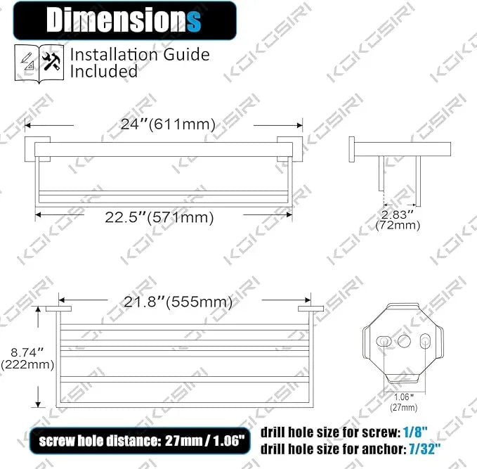 KOKOSIRI Towel Rack 24'' Bathroom Towel Shelves with Double Towel Bars SUS304 Stainless Steel Wall Mounted, Brushed Nickel, B6003BR - ModernBath