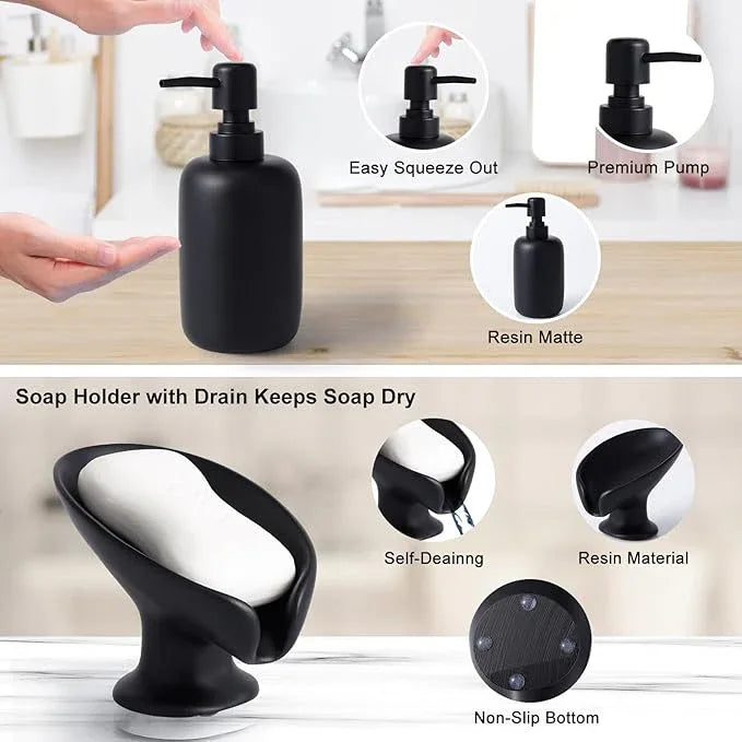 Resin Matte Black Bathroom Accessories Set of 5, Lotion Soap Dispenser, Bathroom Organizer Accessory, Toothbrush Holder, Self Draining Soap Dish and Bathroom Tumbler for Modern Home Decor - ModernBath