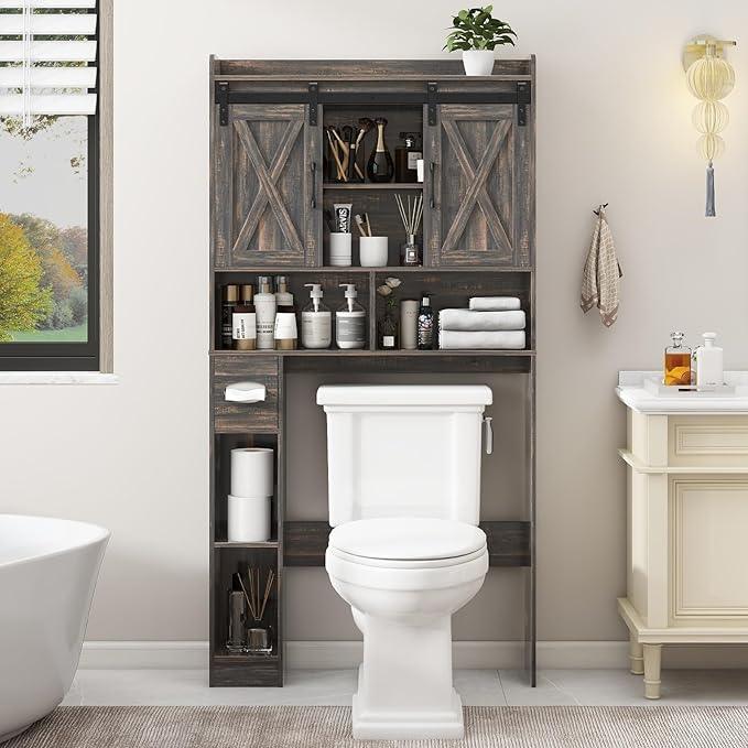 Vabches Over The Toilet Storage Cabinet, Farmhouse Storage Cabinet Over Toilet with Sliding Door& Toilet Paper Holder Stand，Home Space-Saving Toilet Rack, for Bathroom, Laundry and Restroom - ModernBath