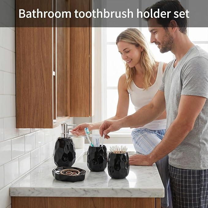 Ceramic Bathroom Accessories Set 4 PCS,Bathroom Toothbrush Holder Set,Soap and Toothbrush Holder Set,Include Toothbrush Holder,Soap Dispenser,Soap Dish,Tumbler,Bathroom Sets Decor Organizer (Black) - ModernBath