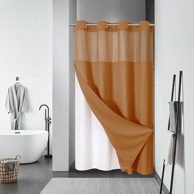 eachope BurntOrange No Hook Waffle Weave Shower Curtain with snap-in Liner Replacement, 230GSM Waterproof Fabric Hotel Shower Curtain Set for Bathroom, Through Mesh Top Window,54Wx80H - ModernBath