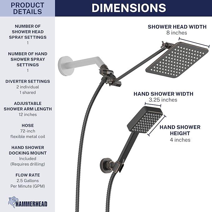HammerHead® Solid Metal Dual Shower Head Combo — 8" Square Rain Shower Head with Handheld, 12" Adjustable Arm & Wall-Mount Holder for Flexible Installation — Oil Rubbed Bronze - ModernBath