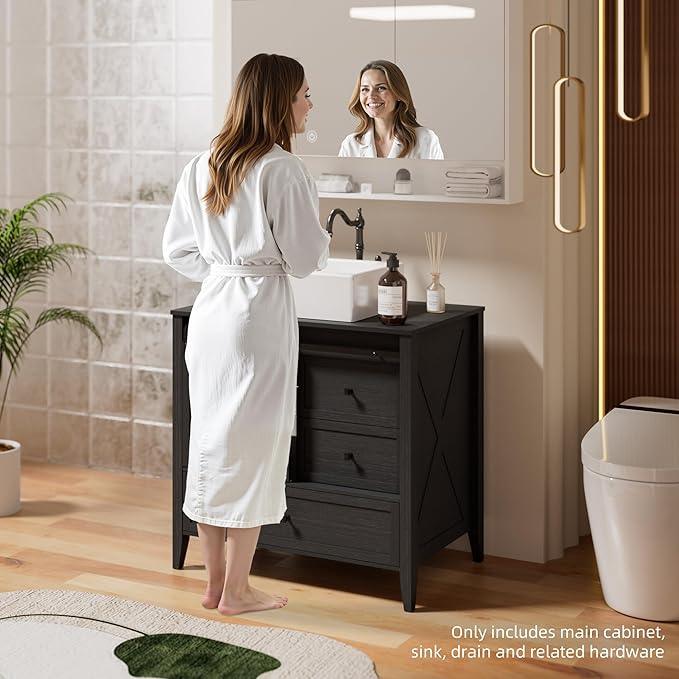 VNN Bathroom Vanity with Sink - 36 Inch Bathroom Vanity with Sink Ceramic, Freestanding Cabinet with Farmhouse Sliding Barn Door and 3 Drawers, Space-Saving Storage Cabinet, Wood Grain Texture, Black - ModernBath