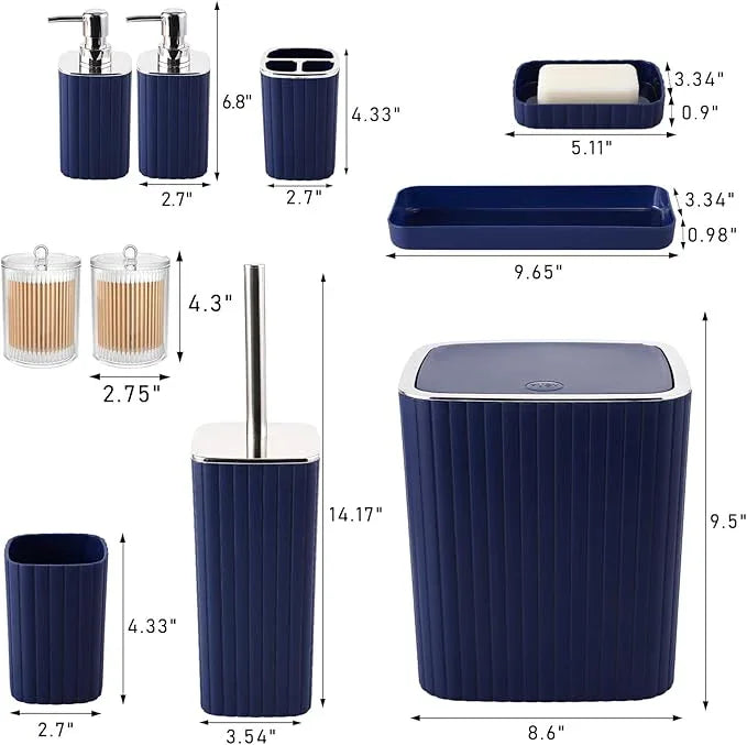 XLHOMO Navy Blue Bathroom Accessories Set - Gorgeous Bathroom Set, 10PC Bathroom Accessory Set, Toilet Brush, Trash Can, Qtip Holder Dispenser & Soap Dispenser - ModernBath