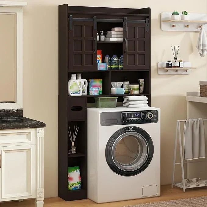 Over The Toilet Storage Cabinet, Farmhouse Storage Cabinet Over Toilet with Sliding Doors，Home Space-Saving Toilet Rack, for Bathroom, Restroom, Laundry. Espresso - ModernBath