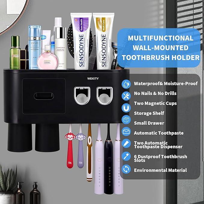 Multifunctional Wall-Mounted Toothbrush Holder, Automatic Toothpaste Dispenser Space Saving Toothbrush and Toothpaste Holder, with 2 Cups and Drawers Cosmetic Organizer (Black 2 Dispensers) - ModernBath