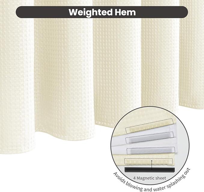 Inhousolu No Hook Waffle Weave Shower Curtain with Removable Snap in Fabric Liner Set for Bathroom, 230 GSM Heavy Duty Weighted Hem, Water Repellent Washable Bath Curtains, 72 x 84 Inch, Ivory - ModernBath