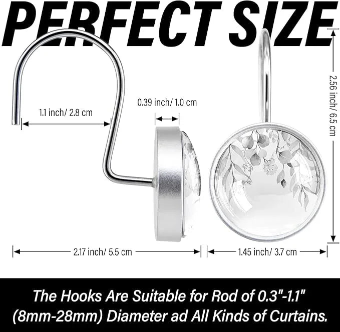 12 Pcs Round Grey Eucalyptus Decorative Shower Curtain Hooks - Rust Proof Glass Surface Stainless Steel Rings for Farmhouse Bathroom - ModernBath