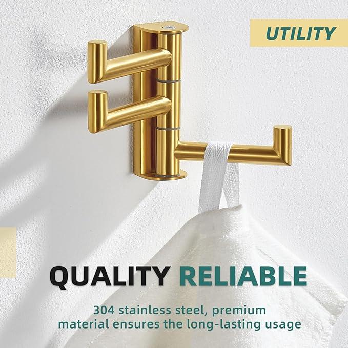 APLusee Swivel Towel Hook, 304 Stainless Steel Foldable Clothes Hook with Multi Three Rotating Arm, Flexible Bathroom Kitchen Storage Hanger Wall Mounted, Brushed Gold - ModernBath