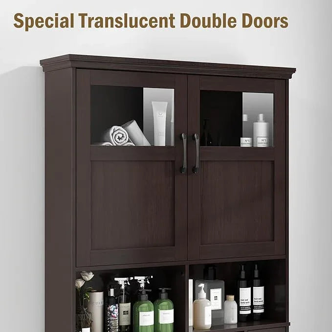 Over The Toilet Storage Cabinet, Storage Cabinet Over Toilet with Double Doors & Toilet Paper Holder Stand, Freestanding Toilet Shelf Space Saver with Anti-Tip Design & Adjustable Shelf, Espresso - ModernBath