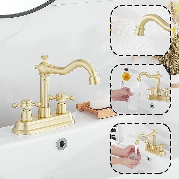 Bathroom Faucet Brushed Gold GGStudy 2 Handles 4 Inches Centerset Bathroom Vanity with Drain Assembly and Supply Hose Lavatory Mixer Double Handle Tap - ModernBath