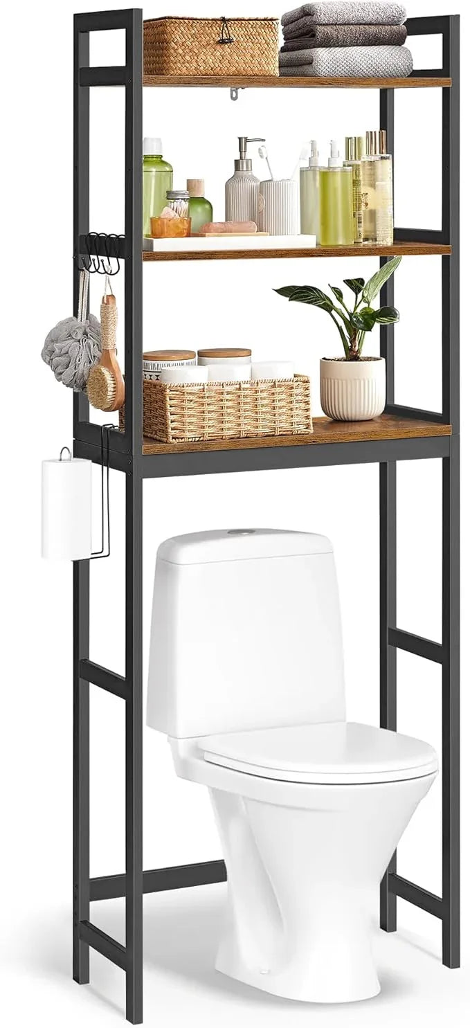 SONGMICS Over-The-Toilet Storage, 3-Tier Bathroom Organizer Over Toilet with Adjustable Shelves, Hooks, Bamboo, Freestanding Space Saver Bathroom Shelves, Rustic Brown and Ink Black UBTS012B01 - ModernBath