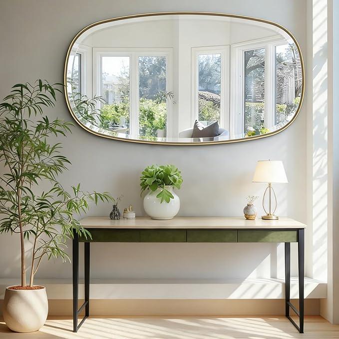 POZINO Gold Beveled Mirror, 28"x48" Modern Rounded Rectangle Mirrors, Large Brass Oval Mirrors, Oblong Vanity Wall Mirror for Bedroom Living Room Entryway Fireplace, Hangs Horizontal Or Vertical - ModernBath
