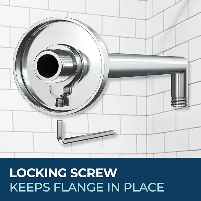 HammerHead Showers® Solid Metal 16 Inch Extended Shower Arm and Flange with Set Screw, Long Shower Arm, Extends Rain Shower Overhead, Wall-Mounted Rain Shower Arm, Chrome - ModernBath