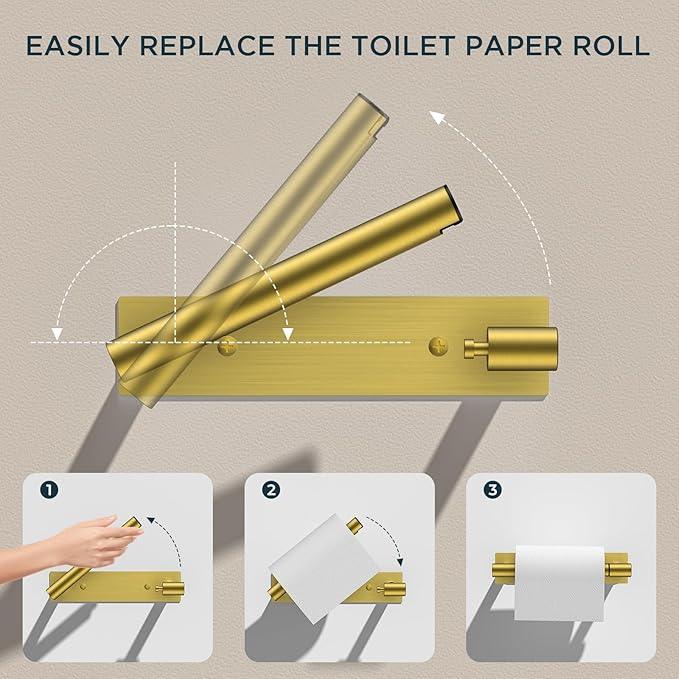 FORIOUS Toilet Paper Holder, Adhesive or Wall Mounted Options, Stainless Steel Rustproof Stick on no Drilling Double Post Pivoting Toilet Tissue Roll Holder Wall Mount for Bathroom, Brushed Gold - ModernBath