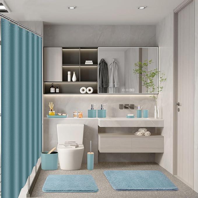 XLHOMO Bathroom Set - Light Blue Bathroom Accessories Set, Bathroom Sets with Shower Curtain and Rugs, 25PC Shower Curtain Set with Hooks, Soap Dispenser, Soap Dish, Toilet Brush Holder and Trash Can - ModernBath