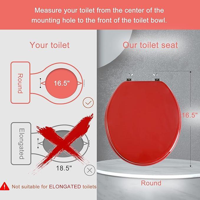 Red Round Toilet Seat Natural Wood Toilet Seat with Zinc Alloy Hinges, Easy to Install also Easy to Clean, Scratch Resistant Toilet Seat by Angol Shiold (Round, Red) - ModernBath