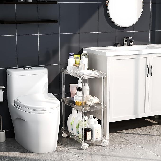 Aquiver Acrylic Slim Storage Cart - 3 Tier Utility Rolling Cart - for Kitchen, Bathroom, Living Room, Laundry, Narrow Places - 15.6'' L x 8.7'' W x 23.6'' H - ModernBath