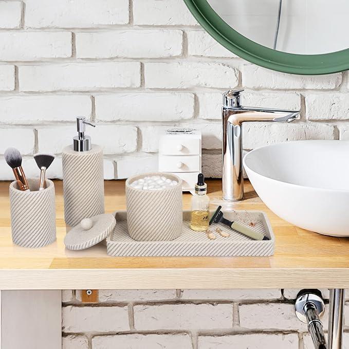 Beige Bathroom Accessories Set 4 Pcs - Toothbrush Holder,Lotion Soap Dispenser,Qtip Holder Dispenser,Vanity Tray for Countertop Vanity Organizer,Bathroom Accessory Set - ModernBath