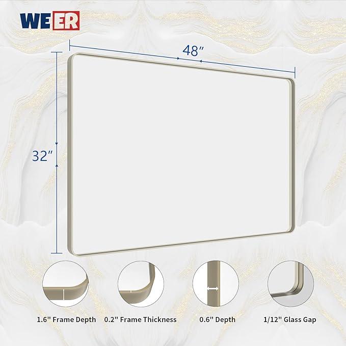 WEER 48X32 Inch Brushed Nickel Bathroom Mirror, Brushed Silver Metal Frame Mirror, Rounded Rectangle Silver Bathroom Vanity Mirror, Tempered Glass, Anti-Rust, Hangs Horizontally or Vertically - ModernBath