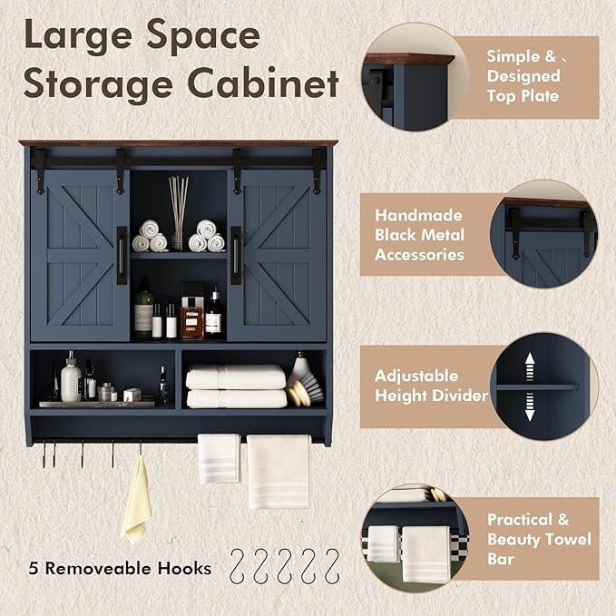 RUSTOWN Farmhouse Bathroom Wall Cabinet,3-Tier Rustic Wood Wall Mounted Cabinets,Vintage Medicine Cabinet with Sliding Barn Door and Adjustable Shelves,Over The Toilet Storage Cabinet (Navy Blue) - ModernBath