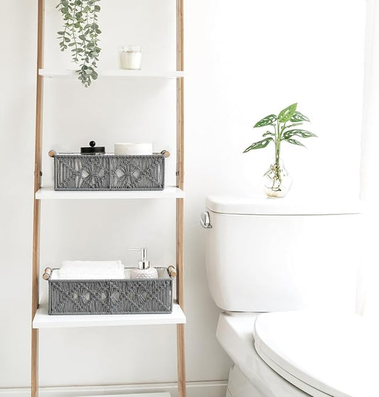 Mkono Macrame Storage Baskets Boho Decor Box Handmade Woven Decorative Countertop Toilet Tank Shelf Cabinet Organizer for Bedroom Livingroom Home, Set of 2, Grey