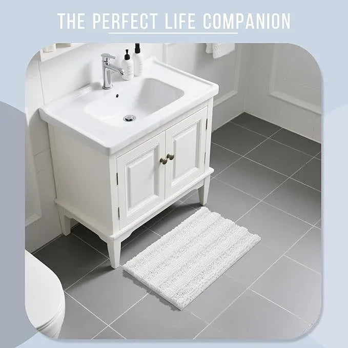 Yimobra Bathroom Rug Mat, Non Slip and Super Absorbent Bath Mat, Machine Washable Quick Dry, Ultra Plush Chenille Shower Rugs for Bathroom Floor Sink Tub and Shower Outside, White, 24 x 17 - ModernBath