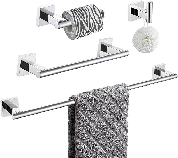 Suyar Bathroom Accessories Set Polished Chrome, SUS 304 Stainless Steel Bathroom Hardware Set 4 Pieces, Include Robe Hook, Toilet Paper Holder, Hand Towel Holder, Towel Bar, Wall Mounted - ModernBath
