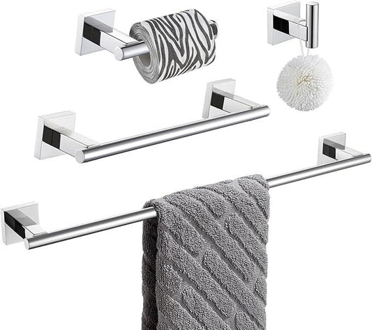 Suyar Bathroom Accessories Set Polished Chrome, SUS 304 Stainless Steel Bathroom Hardware Set 4 Pieces, Include Robe Hook, Toilet Paper Holder, Hand Towel Holder, Towel Bar, Wall Mounted - ModernBath