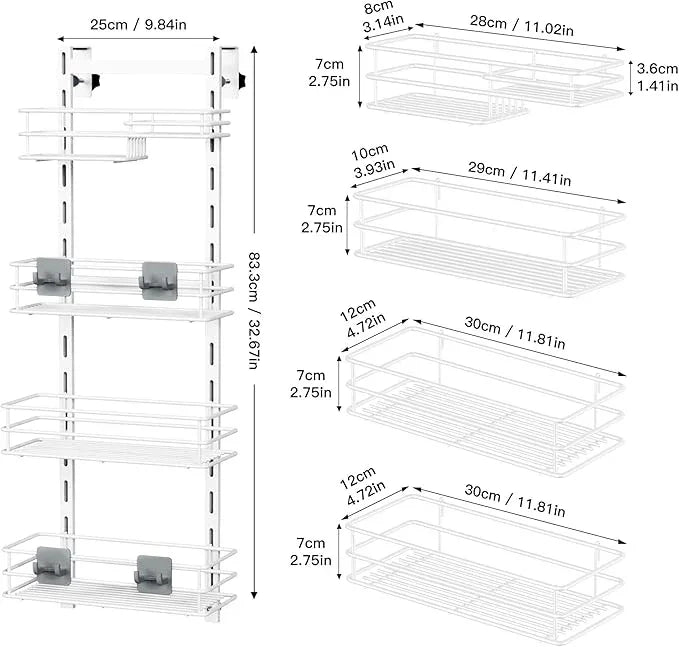 Orimade Over The Door Shower Caddy Adjustable 4 Tier White,Bathroom Hanging Organizer Shelf Rustproof with 4 Hooks,Shower Basket with Soap Holder and Suction Cup - ModernBath