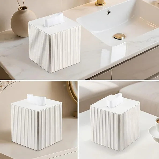 KINGFOM Square Pu Leather Tissue Box Cover, Modern Facial Tissue Holder, Roll Tissues Paper Case Dispenser for Bathroom Vanity Countertop, Night Stands, Office Desk (Off-White Strips) - ModernBath