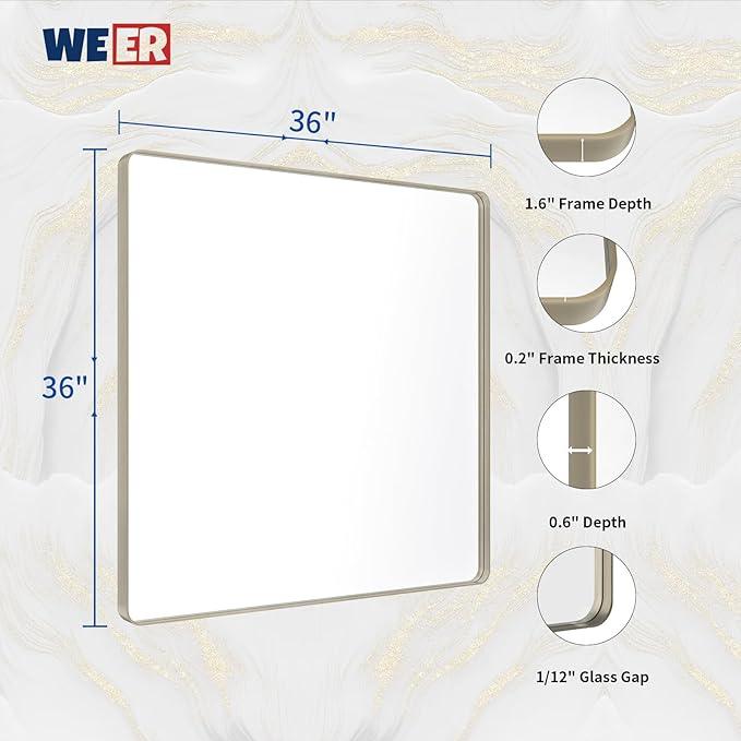 WEER 36X36 Inch Brushed Nickel Bathroom Mirror, Brushed Silver Metal Frame Mirror, Rounded Rectangle Silver Bathroom Vanity Mirror, Tempered Glass, Anti-Rust, Hangs Horizontally or Vertically - ModernBath