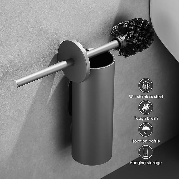 Stainless Steel Toilet Brush and Holder Set, No-Punch Hook Base Dual Purpose Toilet Brush Holder with Removable Inner Bucket and Splash Cover - Soft Bristles (Gray) - ModernBath